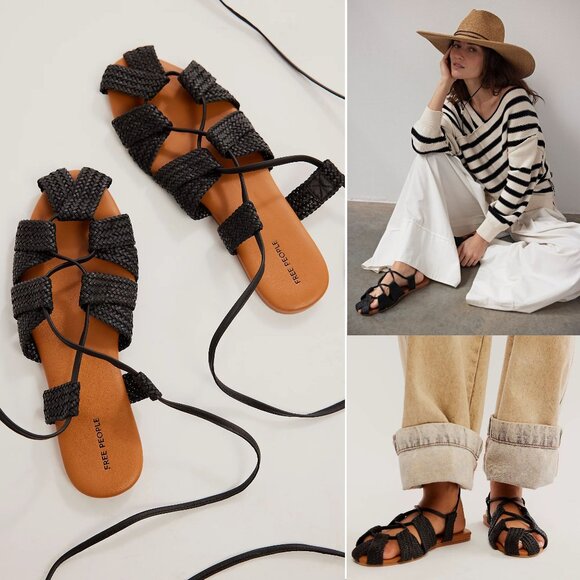 FREE PEOPLE Sunny Gilly Flats Wrap SANDALS Size 9 Black Woven Leather NEW $128 - Picture 1 of 15